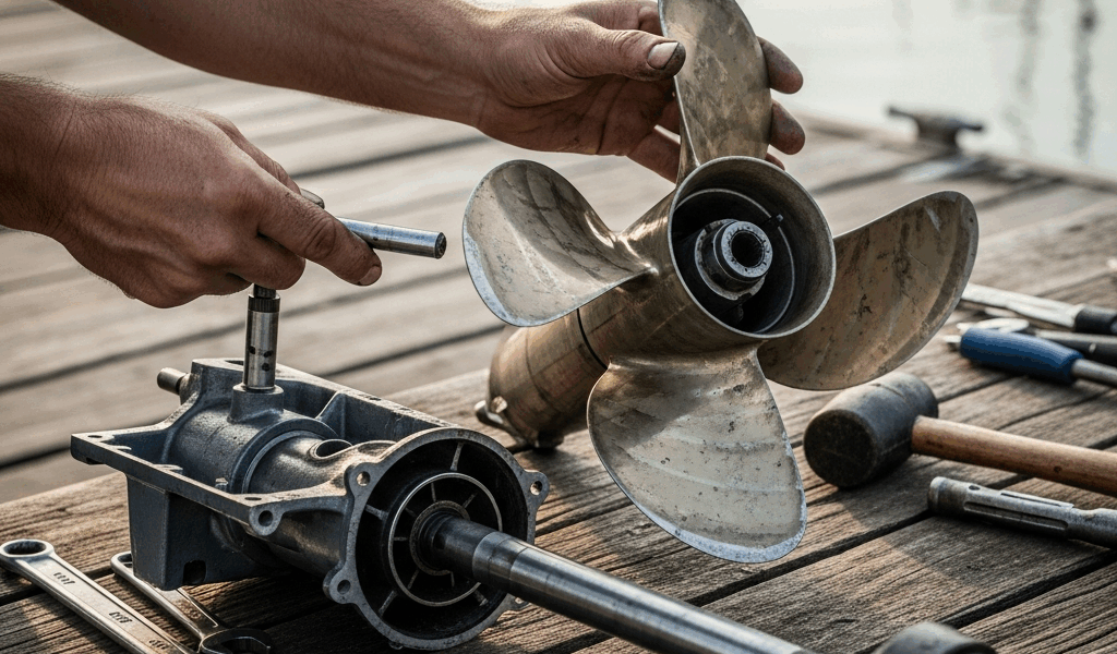 boat propeller removed from outboard motor lower unit being 20260331 084648