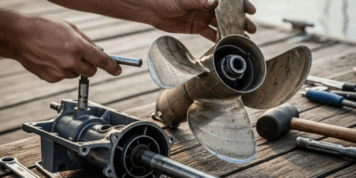 boat propeller removed from outboard motor lower unit being 20260331 084648