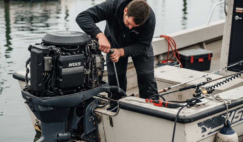outboard motor on the back of a fishing boat at a marina doc 20260331 084535
