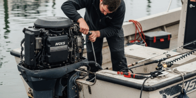 outboard motor on the back of a fishing boat at a marina doc 20260331 084535